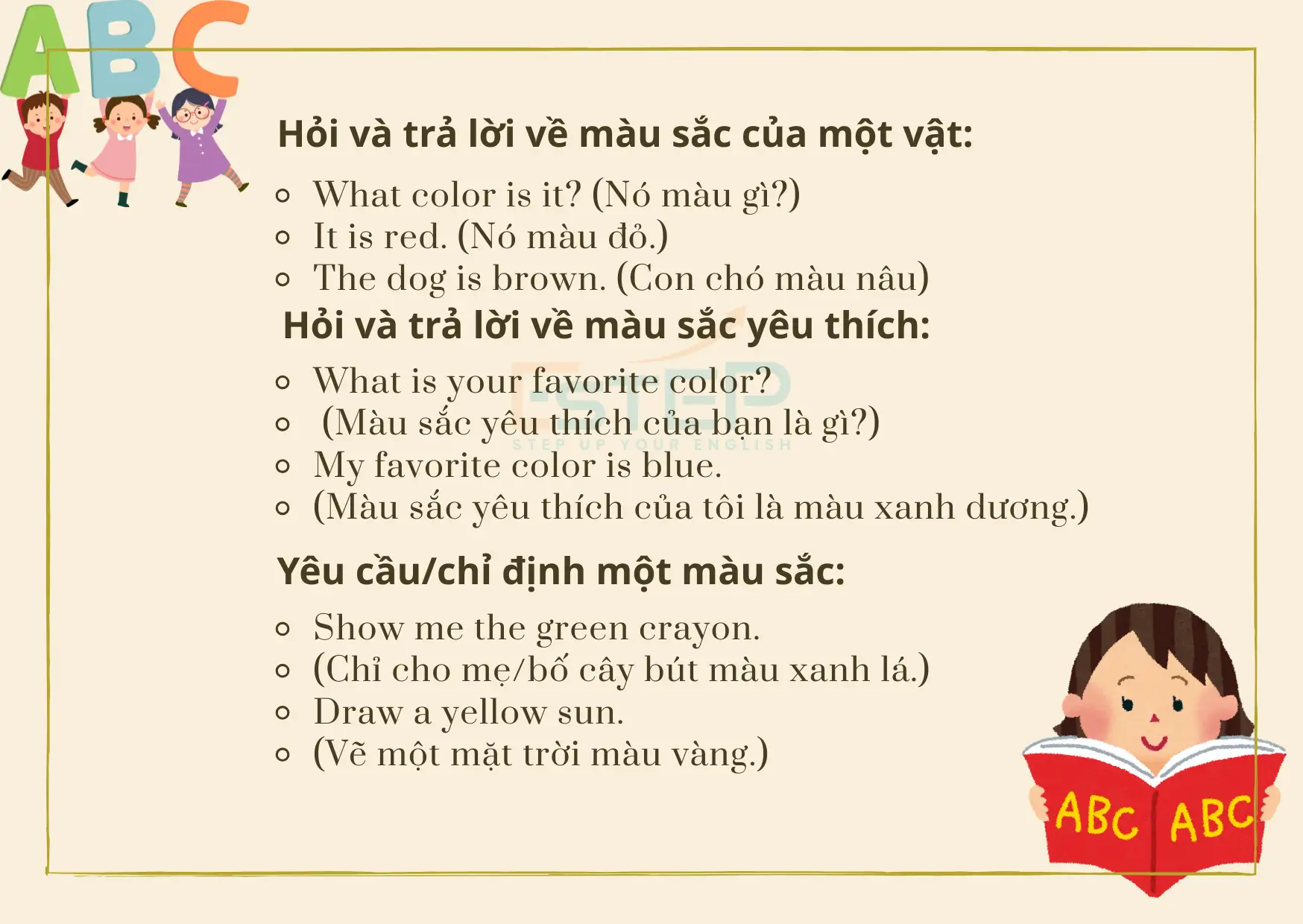 Các mẫu câu cơ bản về chủ đề màu sắc tiếng Anh cho bé học